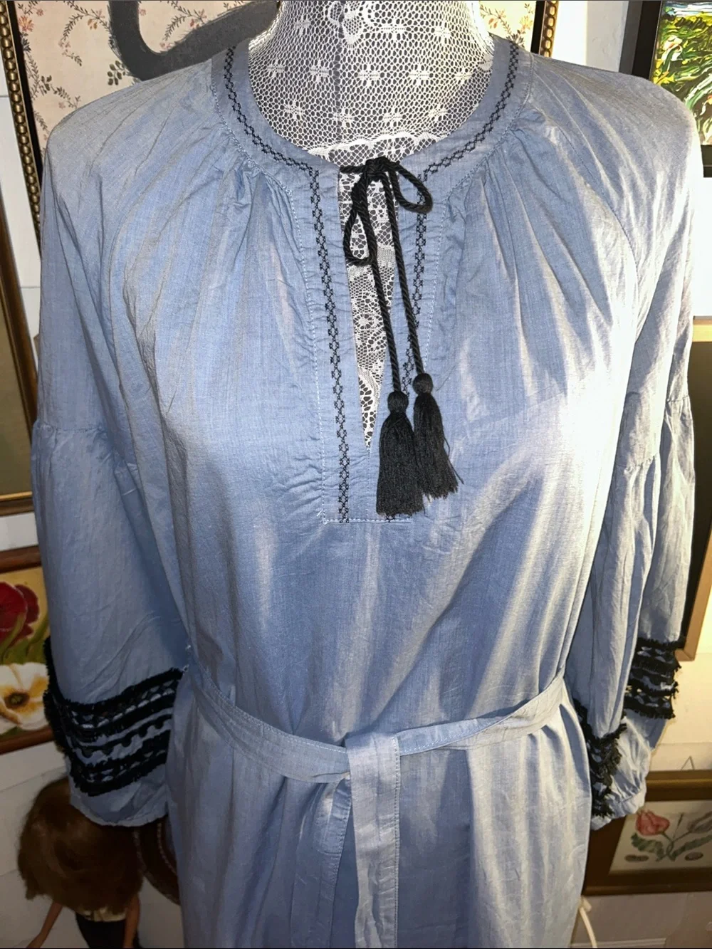 Who What Wear Light Blue Maxi Dress with Black Tassel Detail